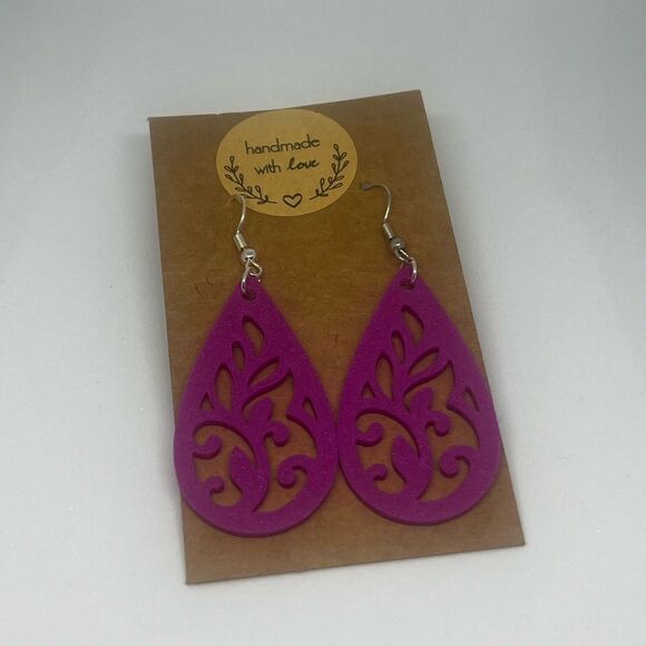 Purple Teardrop Earrings 3d printed, made is USA, handmade, .925 ss hooks - Picture 2 of 6